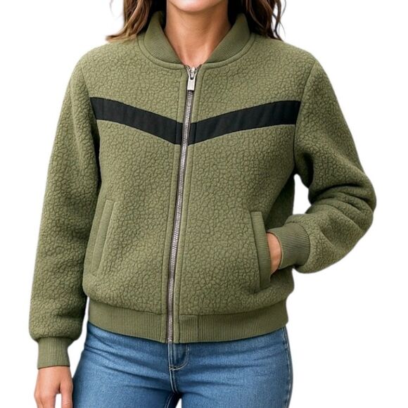 Zyia Women’s Size Small army Green fleece comfy Teddy Full Zip bomber Jacket - Picture 1 of 8